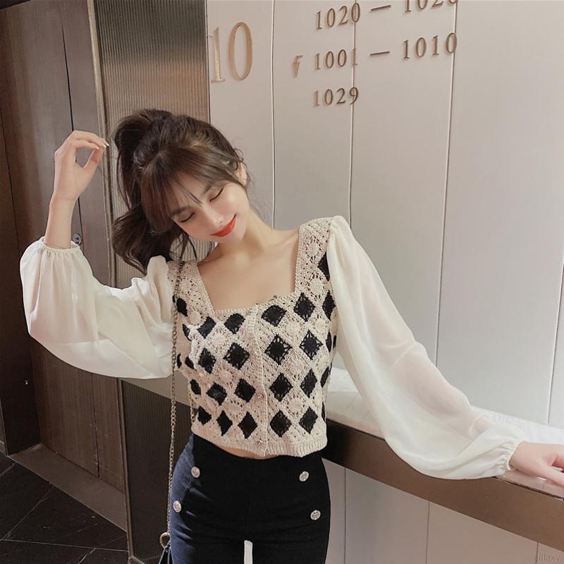 Áo sơ mi chiffon dệt kim cổ vuông tay phồng phối nút kiểu retro Hàn Quốc xinh xắn cho nữ