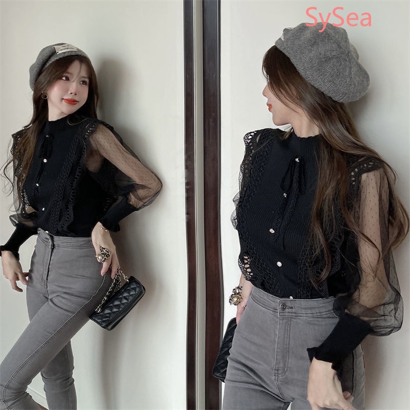 Áo Dệt Kim Phối Ren Quyến Rũ Thời Trang Cho Nữ