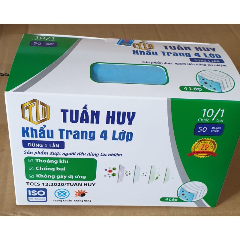 Khẩu trang hộp bốn lớp Tuấn Huy hộp 50 cái có bốn màu xanh xám trắng đen | BigBuy360 - bigbuy360.vn