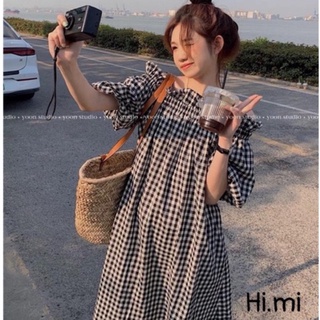 Đầm trễ vai kẻ caro xanh, váy trễ vai sọc kẻ xanh siêu xinh, đàm bẹt vai bèo V034 Celyn.clothes