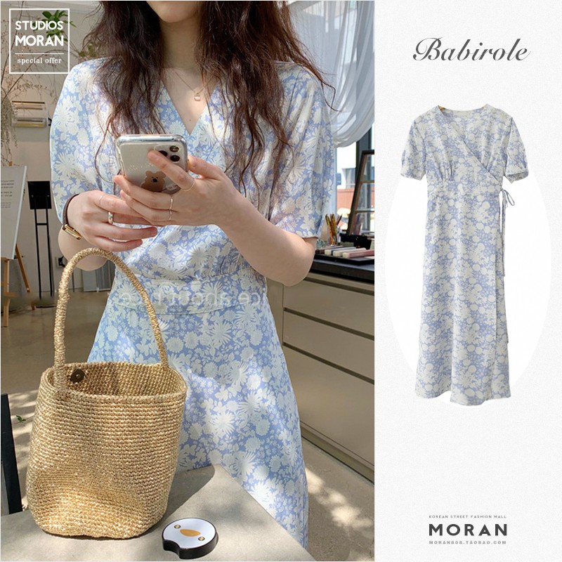 Váy MORAN hoa xanh tươi mát nhẹ nhàng cổ V thắt nơ eo vintage Hàn Quốc điệu đà