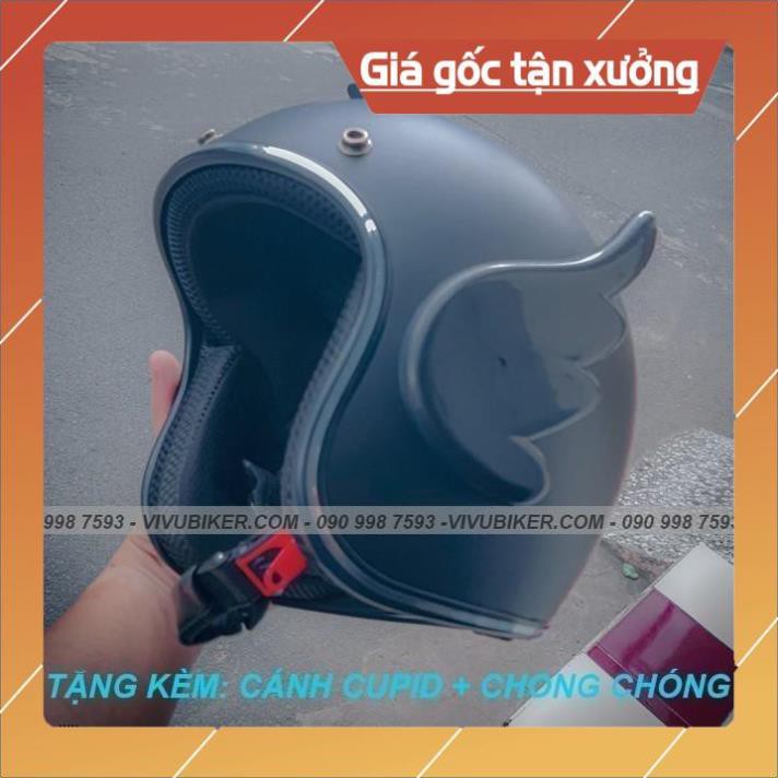 [Giống ảnh] COMBO nón bảo hiềm 3/4 đen kèm cánh thiên thần đèn - Mũ bảo hiểm 3/4 cupid đen cực ngầu đi phượt