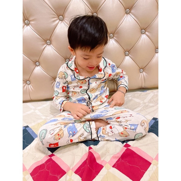 Pijama bé trai dài tay cotton co giãn quần áo em bé có cúc khủng long ô tô bộ ngủ mặc nhà