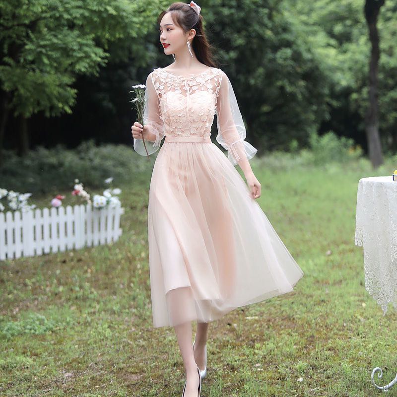 Đầm midi Dự Tiệc Màu Hồng Sâm Panh Sang Trọng Cho Nữ