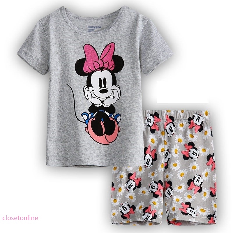 Kids Baby Girls Pajamas Set Summer Shirt Short Sleeve Minnie Mouse Cotton Pants Causal