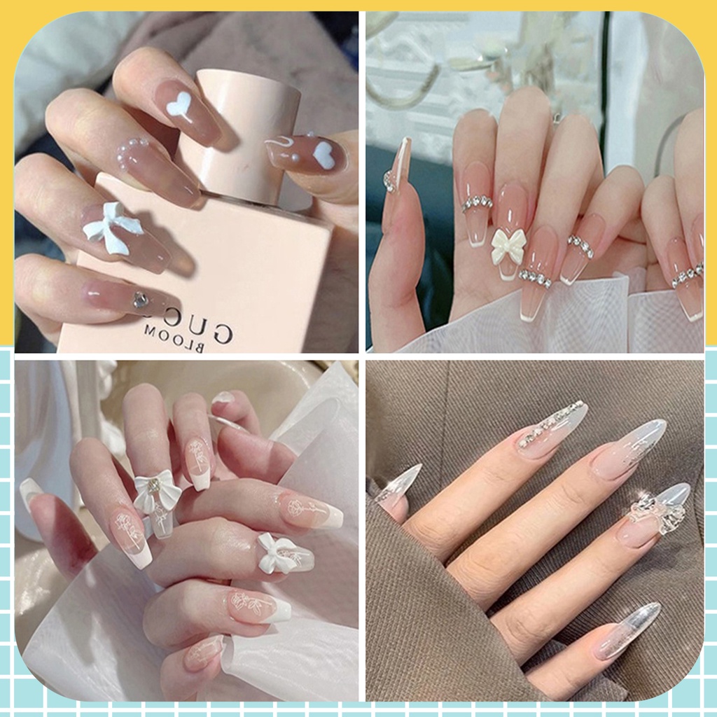 Móng tay giả đính đá nhọn móng giả kèm keo nailbox đính nơ cá tính Anabeauty