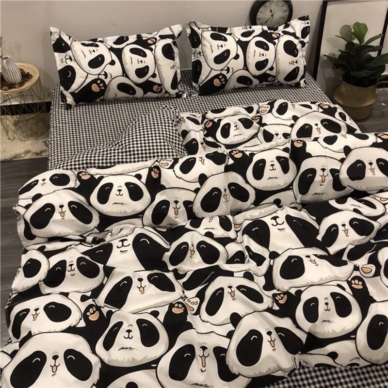 Bộ ga gối poly gấu trúc trắng đen (2 vỏ gối + 1 ga)