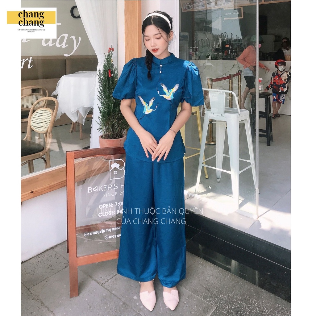 Đồ Lam Nữ, Đồ Bộ Đi Chùa Nữ Họa Tiết Hạc Thêu Sắc Nét Vải Lụa Cao Cấp - Màu Xanh | Chang Chang