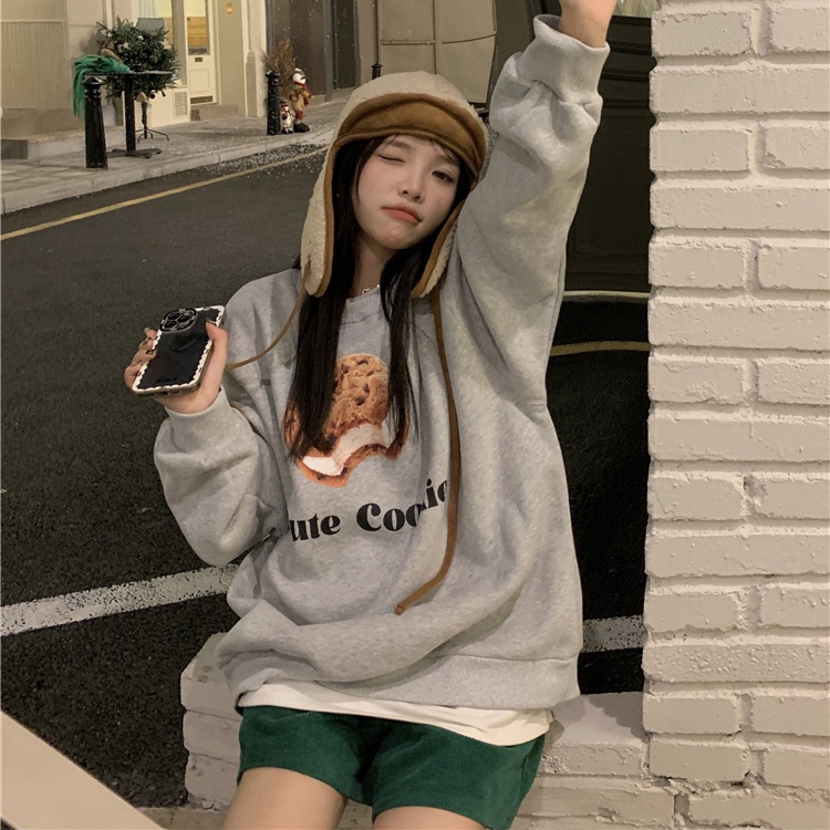 Áo sweatshirt SUXI lót lông cừu tay dài cổ tròn dáng rộng họa tiết Hàn Quốc thời trang dành cho nữ