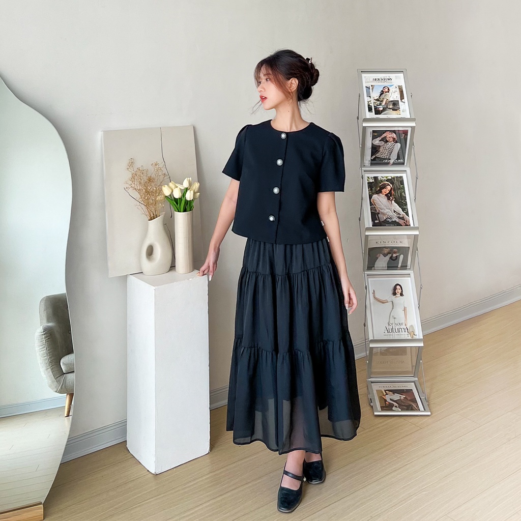 Áo cổ tròn tay cộc vai xếp ly TIINSTORE   AHN314