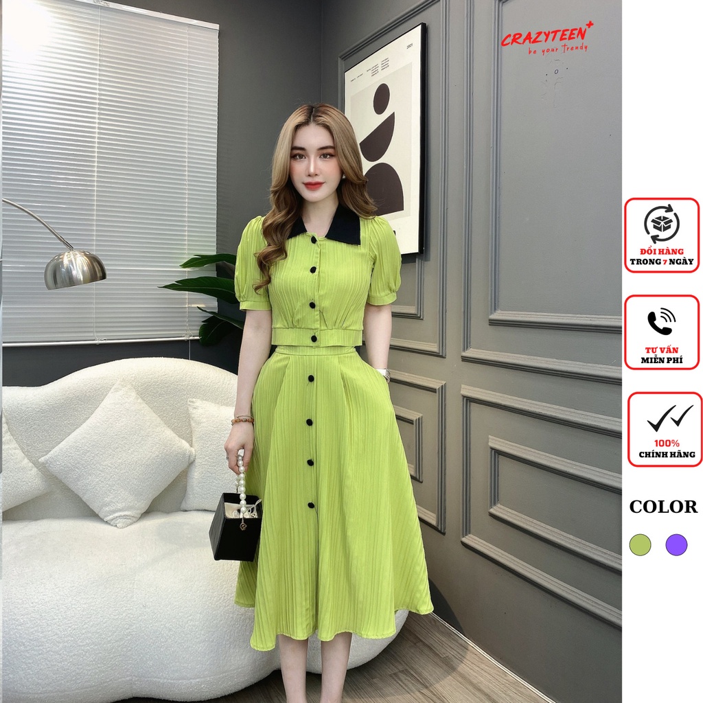 Set đồ nữ 2 món CRAZYTEEN áo dáng lỡ tay bồng cổ phối màu chân váy xòe dài nút đen S1187