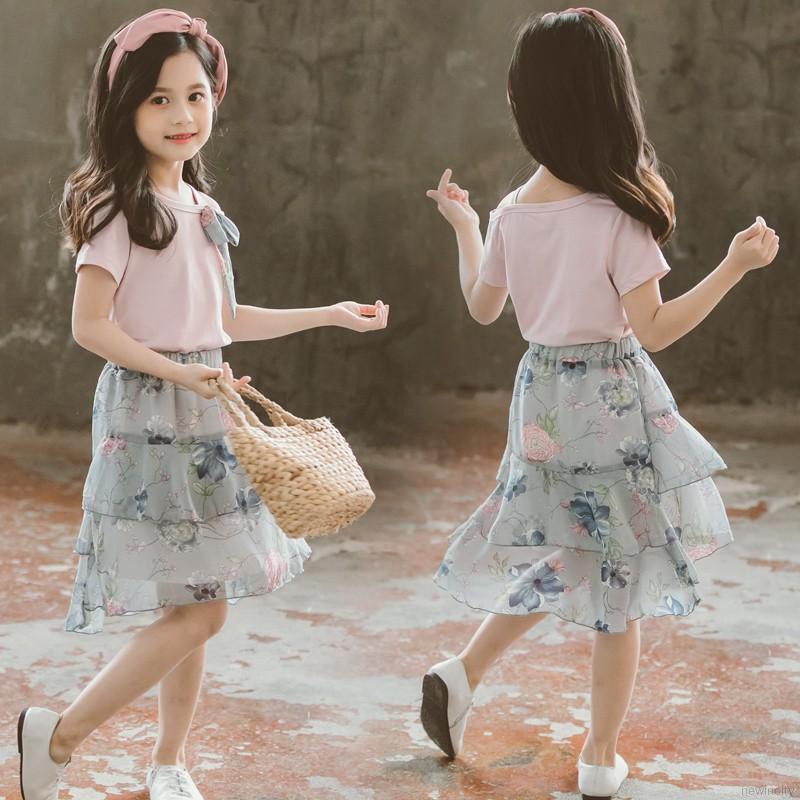Set áo thun tay ngắn &amp; váy hoa chiffon cho bé gái