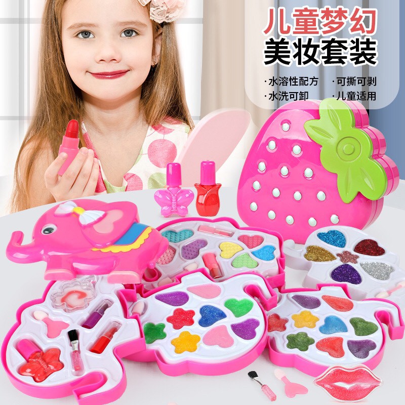 Bộ đồ chơi soi gương học trang điểm cho bé gái, bộ màu hồng bắt mắt có phụ kiện và màu bên trong