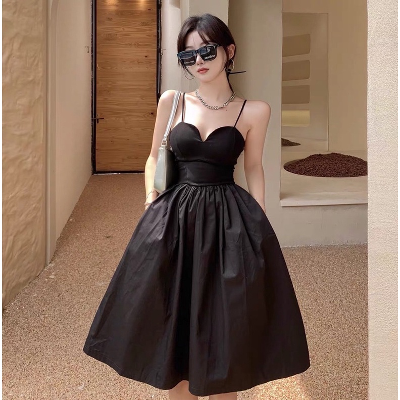 (ảnh thật) Váy đầm 2 dây dáng xoè cổ V tiểu thư sexy đi chơi đi tiệc du lịch màu đen hở lưng