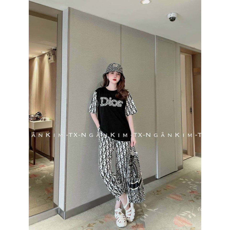 Set bộ thể thao nữ, áo thun from rộng in chữ  phối màu, quần joker dài ống túm in họa tiết cá tính