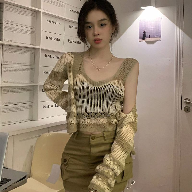 Set Áo Hai Dây Dệt Kim Màu Trơn Và Áo Khoác Cardigan Họa Tiết Kẻ Sọc Thời Trang Cho Nữ