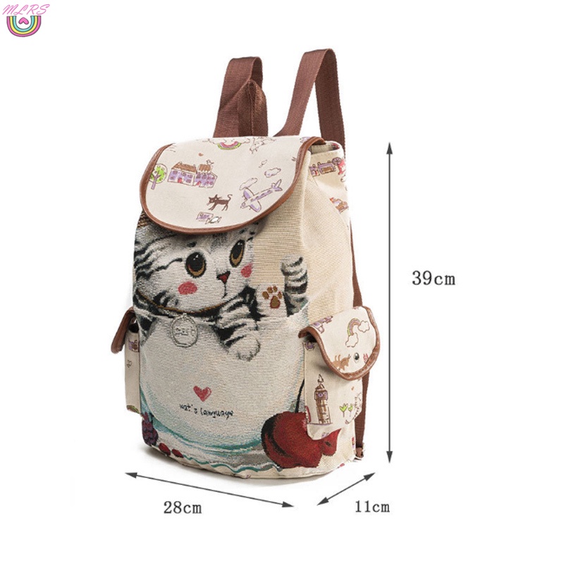 Ba Lô Canvas In Hình Mèo Dễ Thương Sức Chứa Lớn Thời Trang Cho Nữ
