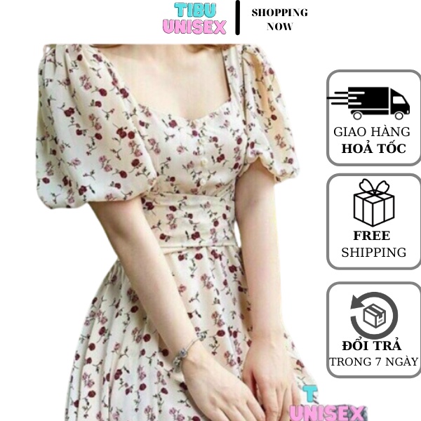 Đầm hoa nhí vintage cổ cúc body tay phồng ulzzang thắt eo tiểu thư