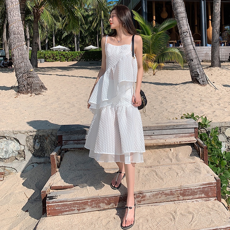 Bộ Áo Đầm Hai Dây Xẻ Tà Kẻ Sọc Dọc Phong Cách Mới 2022 Dành Cho Bạn Nữ Đi Nghỉ Mát