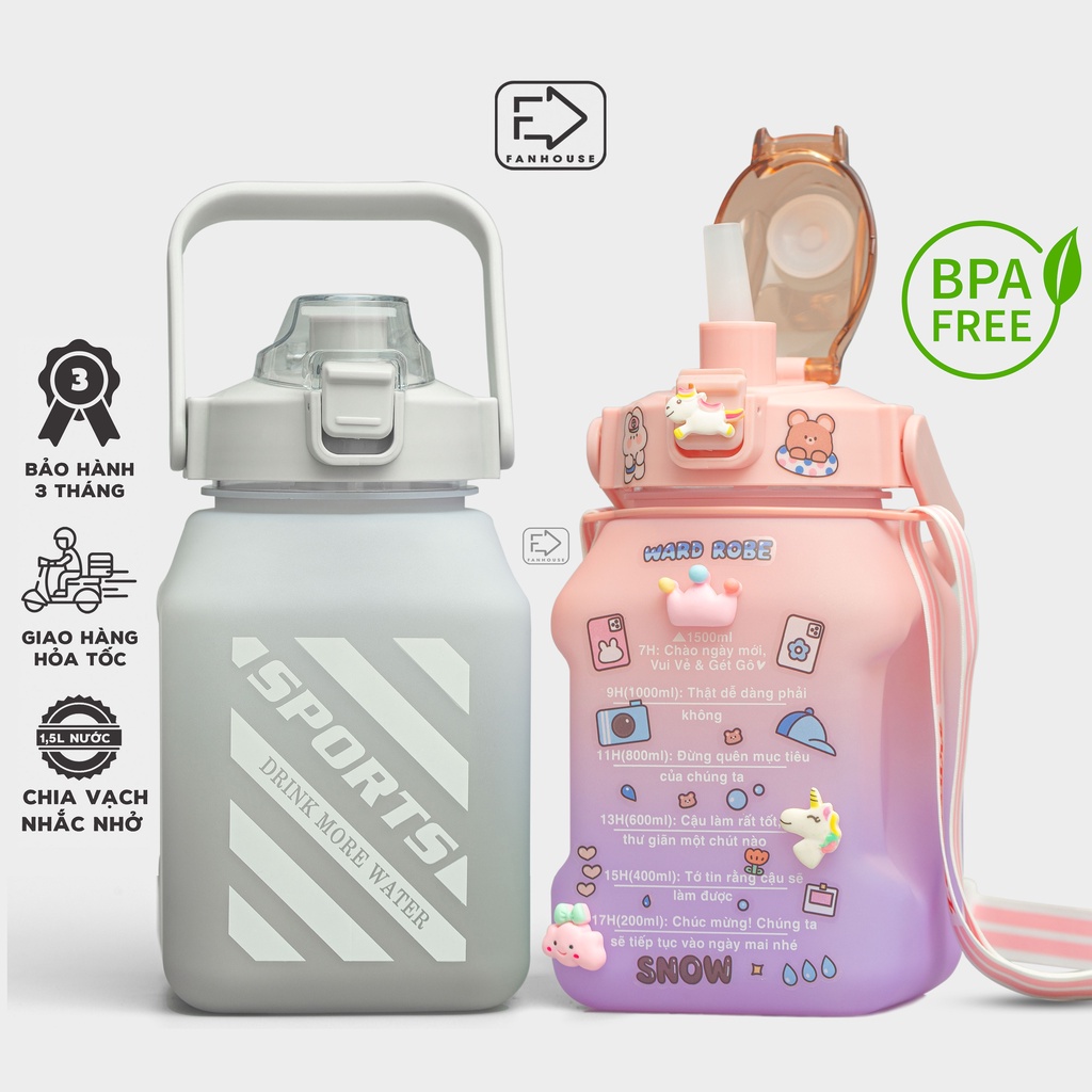 Bình nước 1,5lít tặng Sticker dành cho người lười uống nước Fan House bình nước cute 1,5L có ống hút, vạch chia nhắc giờ