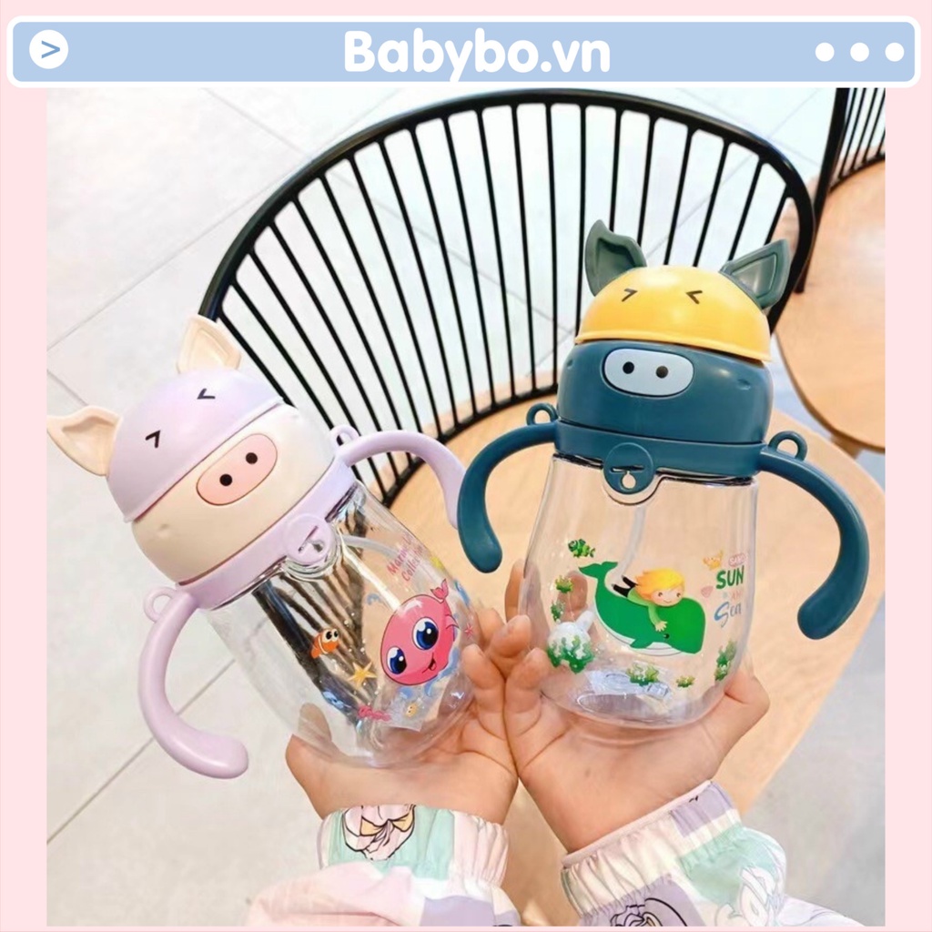 Bình uống nước hình heo mẫu mới dung tích 400ml có tay cầm và dây đeo cho bé