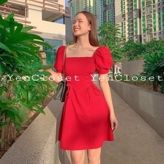 đầm đan eo cổ vuông