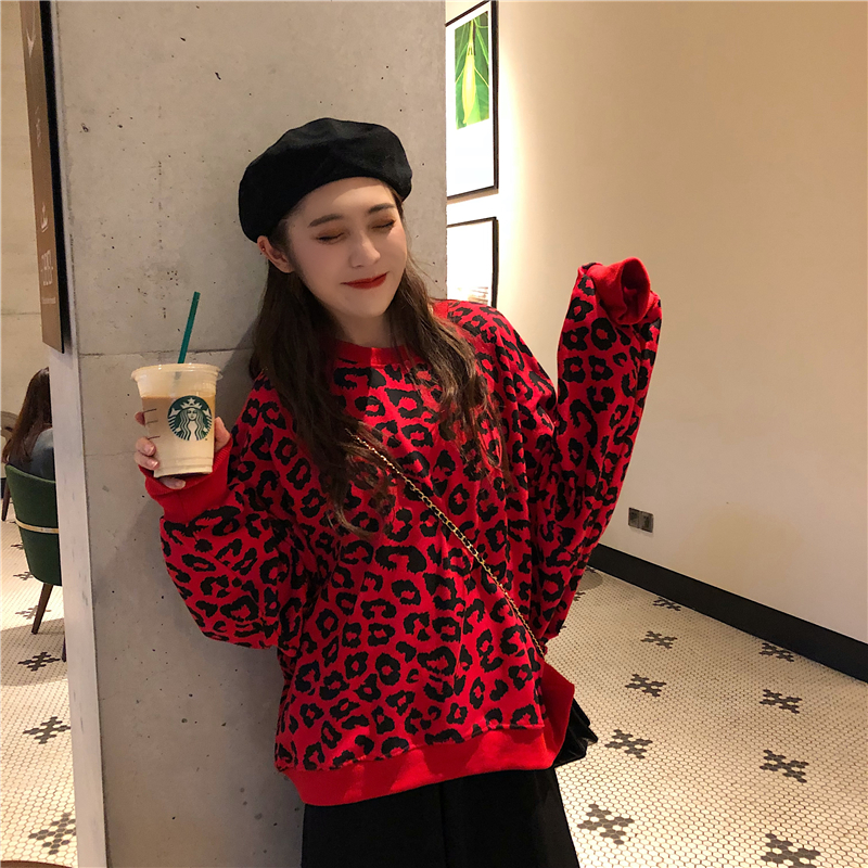 Áo sweater dài tay dáng rộng họa tiết da báo phong cách Hàn Quốc sành điệu cho mùa đông