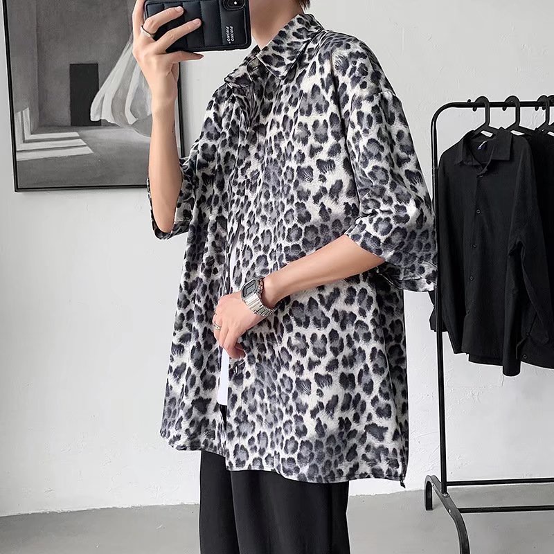 Áo Sơ Mi Tay Ngắn Dáng Suông In Hoạ Tiết Da Báo Sành Điệu Thời Trang Phong Cách Hàn Quốc Cho Nam Size M-2XL