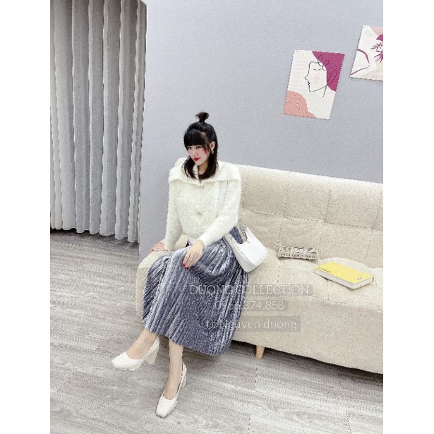 chân váy nhung xếp li dài