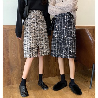 [order 10 ngày] Chân váy dạ tweed dáng dài đính cúc ngọc - u.w