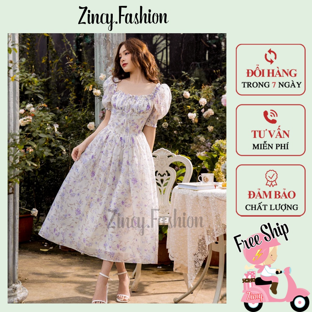 Váy cúp ngực tay phồng dáng dài tiểu thư hoa tím Có Mút Ngực Đầm maxi trễ vai đi biển Zincy HTID.001