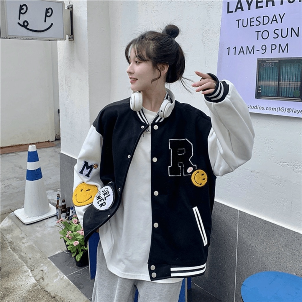 ÁO KHOÁC BOMBER  NAM NỮ HỌA TIẾT CHỮ R  MẶT CƯỜI THỜI TRANG HÀN