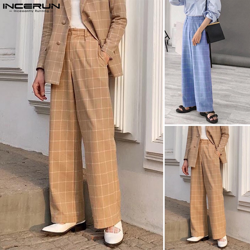 Quần dài INCERUN ống rộng họa tiết kẻ ô vuông thời trang