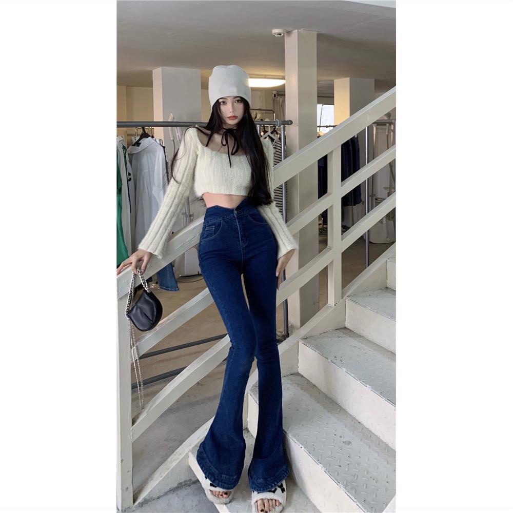 Jiashucheng Quần Jean Ống Loe Lưng Cao Dáng Ôm Màu Xanh Dương Phong Cách Phương Tây Thời Trang Mùa Hè Cho Nữ