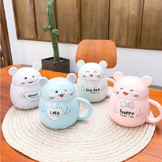 Cốc sứ HAPPY RAT cao cấp CÓ NẮP và THÌA dung tích 300ml họa tiết CHUỘT CUTE, ly sứ quà tặng thông điệp dễ thương ý nghĩa