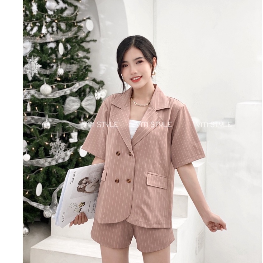 Set vest kẻ sọc tay ngắn + quần đùi thời trang ulzzang Hàn Quốc Fmstyle Saigon 21SB12Y010201