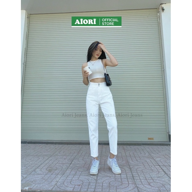 Quần Jeans Nữ, Quần Baggy Trơn Jeans Màu Trắng, Vải Jeans Cotton Thoáng Mát, Mềm Mịn