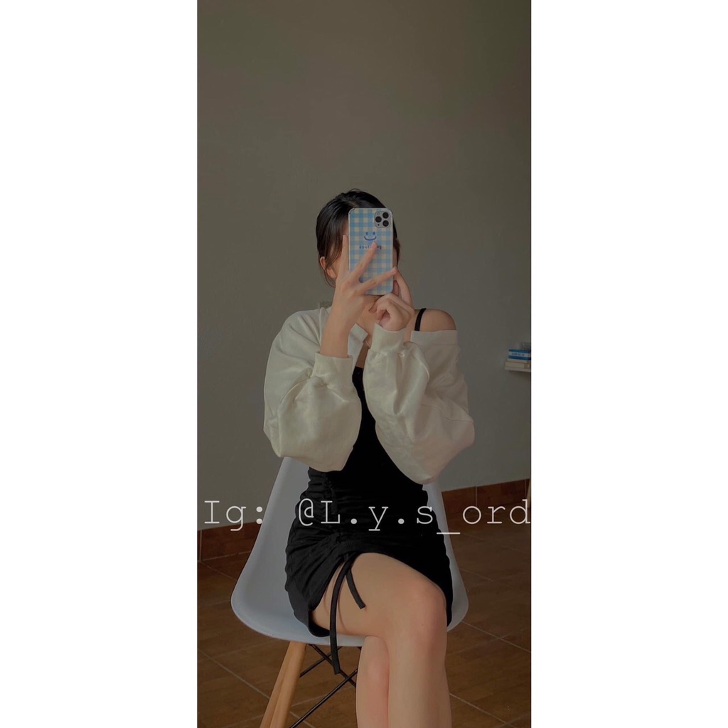 Set đồ đi chơi romwe áo khoác trắng cardigan kèm váy hai dây rút đùi form dưới 60kg thời trang Hàn Quốc