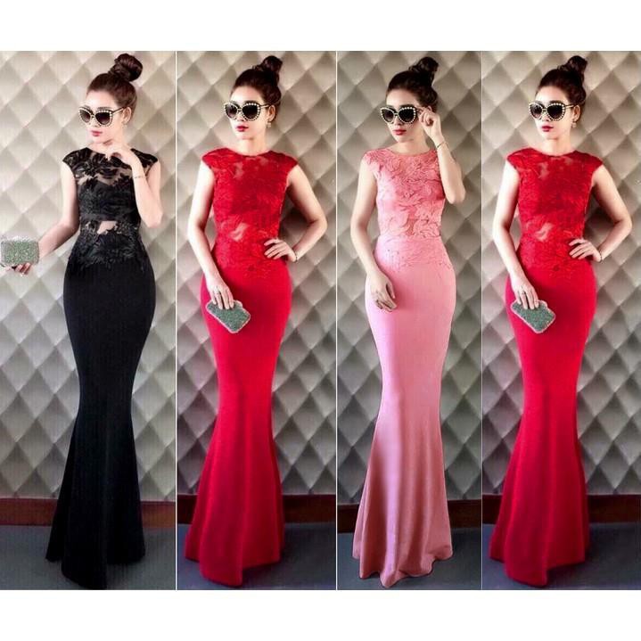 THANH LÝ ĐẦM MAXI DÀI ĐUÔI CÁ SANG TRỌNG PHỐI REN - SD1103