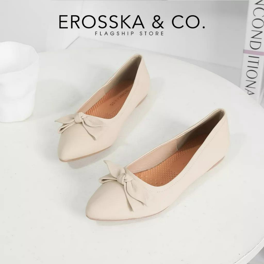 Erosska - Giày búp bê nữ đế bệt mũi nhọn đính nơ xinh xắn màu kem _ EF016 -
