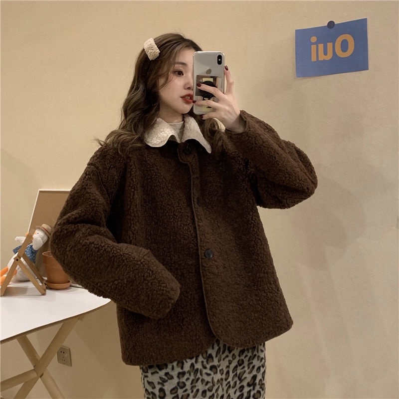 Áo Khoác Len Lông Cừu Tay Dài Cổ Búp Bê Màu Sắc Tương Phản Phong Cách Hàn Quốc Dành Cho Nữ