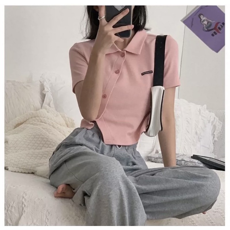 [Mã FAGREEN245 giảm 10% tối đa 30K đơn 99k] [Có sẵn+ảnh thật] Áo croptop vạt xéo hồng pink chất thun gân mẫu 2021