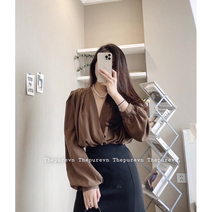 ANU766 - ÁO SƠ MI NỮ LỤA TẰM CỔ V LI VAI DÀI TAY