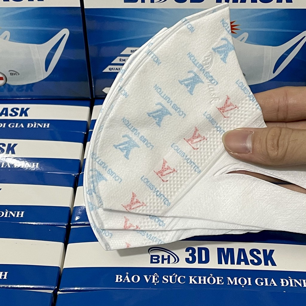 Khẩu trang 3D Mask LV hoa hộp 50 cái có logo tem niêm phong, đạt tiêu chuẩn ISO khẩu trang y tế