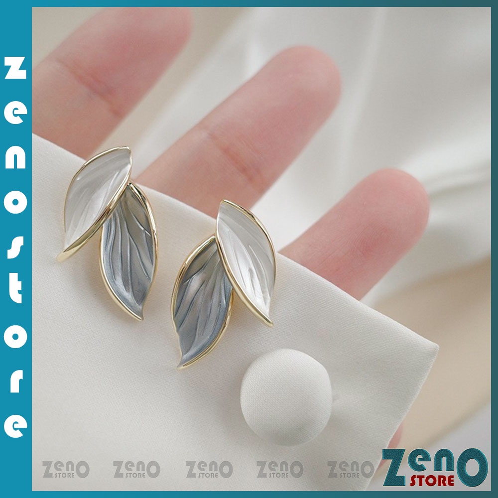 Khuyên tai ZenO KT13 chiếc lá cuối thu màu xanh trắng tương phản cực chất
