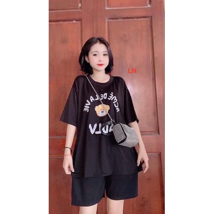 Sét áo gấu chữ vòng tròn + quần đùi đen TH6