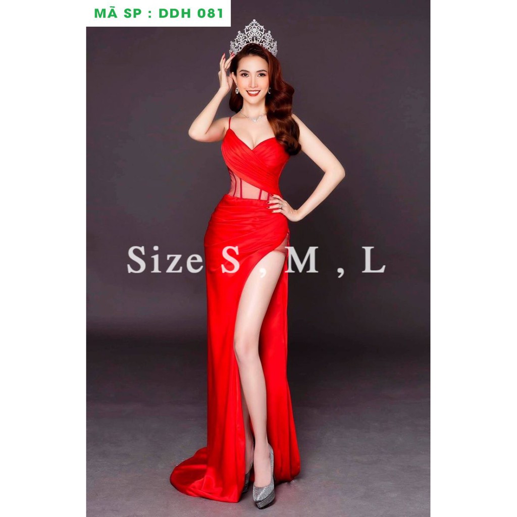 Đầm dạ hội dụ tiệc hai dây xẻ đùi eo phối lưới sang trọng Thoitranghd
