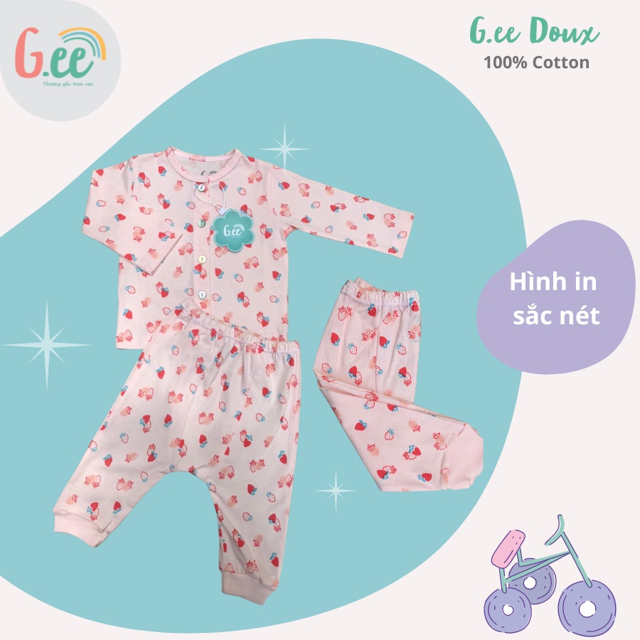 Bộ cotton sơ sinh dài tay Gee cài thẳng cho bé gái, mềm mịn, thấm hút