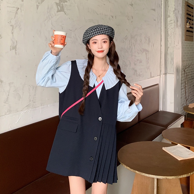 Bộ đầm vest không tay và áo sơ mi 3 màu trơn thời trang retro Hàn Quốc thời trang cho nữ