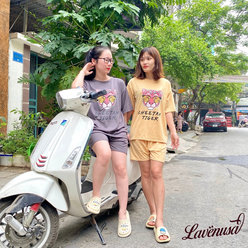 Bộ mặc nhà nữ cotton cộc tay hình báo cho bạn gái dưới 60kg LAVENUSA QA22